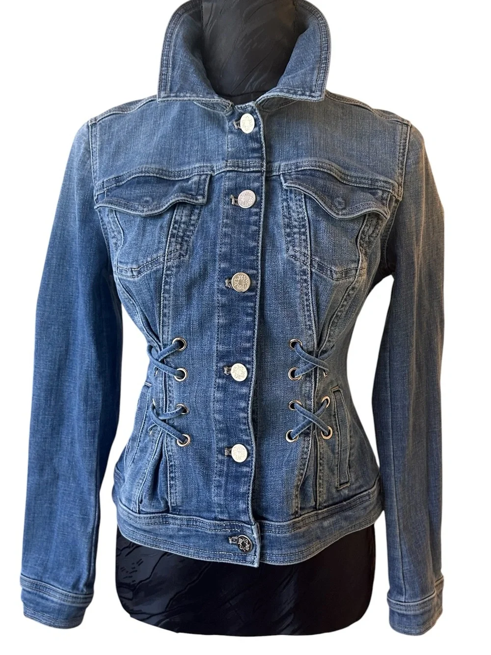 WHBM Women’s Denim Corset Pleated Poetcore Jacket with Lace-Up Waist - XS - Picture 5 of 16